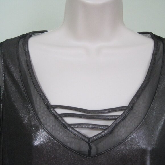 Nwt Rock & Republic Womens XL Metallic Black Cold Shoulder Top Mesh Ladder Neck - Picture 2 of 8